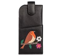 Mala Leather Robin Bird Glasses Case Soft Leather, Cute Robin Appliqué, Magnetic Tab Closure, Handy Slip Pocket, Gift-Ready Dustbag Included (Black)
