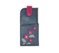 Mala Leather Sakura Floral Glasses Case soft leather wide tab top ladies (Navy)