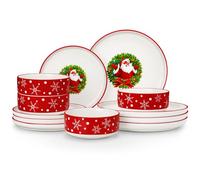 MALACASA 12-Piece Christmas Dinner Set, Santa Claus Ceramic Plates and Bowls Set for 4 with Dinner Plates/Dessert Plates/Cereal Bowls, Holiday Tableware for Festive Celebrations