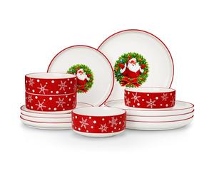 MALACASA 12-Piece Christmas Dinner Set, Santa Claus Ceramic Plates and Bowls Set for 4 with Dinner Plates/Dessert Plates/Cereal Bowls, Holiday Tableware for Festive Celebrations