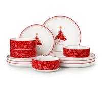 MALACASA 12-Piece Christmas Tree Dinner Set for 4, Ceramic Plates and Bowls Set, Holiday Dinnerware Sets with Dinner Plates/Dessert Plates/Cereal Bowls, Festive Designs for Table Decor