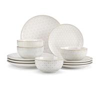 MALACASA 12 Piece Dinner Set for 4, Plates and Bowls Sets 12 Pieces, Embossed Stoneware Dinnerware Sets, Ceramic Dinner Sets, Dishwasher Safe, Series Lydia