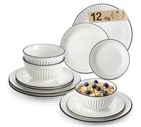 MALACASA 12-Piece Embossed Porcelain Dinner Set for 4, Includes Dinner Plates & Soup Bowls, Chip and Scratch Resistant, Microwave and Dishwasher Safe, Elegant White with Black Rim, Series Leila