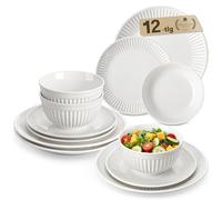 MALACASA 12-Piece Embossed Porcelain Dinner Set for 4, Includes Dinner Plates & Soup Bowls, Chip and Scratch Resistant, Microwave and Dishwasher Safe, Elegant White, Series Leila