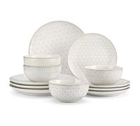 MALACASA 12 Pieces Dinner Set for 4, Embossed Stoneware Dinner Sets, White | 12 Pieces Plates and Bowls Sets, 4 Different Patterns, Microwave/Dishwasher Safe, 4 Each Bowls, Dinner Plates and Side Plates
