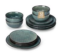 MALACASA 12 Pieces Dinnerware Sets, Farmhouse Plates and Bowls Sets, Embossed Green Dish Set for 4, Vintage Relief Ceramic Dish Set, Chip-Resistant, Microwave and Dishwasher Safe, Series LYDIA