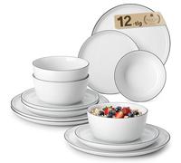 MALACASA 12 Pieces Gourmet Porcelain Dinnerware Sets, Premium Plates and Bowls Set, High-Fired Dishes Set for 4, Chip & Scratch Resistant, Microwave Dishwasher Safe, White & Black Rim, Series LEXI
