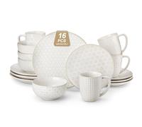 MALACASA 16 Pieces Dinner Set for 4, Embossed Stoneware Dinner Sets, White | Plates and Bowls Sets with Mugs, 4 Different Patterns, Microwave/Dishwasher Safe, 4 Each Bowls, Dinner Plates and Side Plates