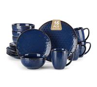 MALACASA 16 Pieces Dinnerware Sets, Farmhouse Plates and Bowls Sets, Embossed Blue Dish Set for 4, Vintage Relief Ceramic Dish Set with Mugs, Microwave and Dishwasher Safe, Series LYDIA