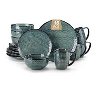 MALACASA 16 Pieces Dinnerware Sets, Farmhouse Plates and Bowls Sets, Embossed Green Dish Set for 4, Vintage Relief Ceramic Dish Set with Mugs, Microwave and Dishwasher Safe, Series LYDIA