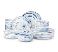 MALACASA 18 Piece Dinner Set, Luna Marble Blue Porcelain Plates and Bowls Sets for 6, Chip Resistant Dinnerware Tableware, Dishwasher & Microwave Safe