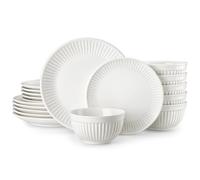 MALACASA 18-Piece Embossed Porcelain Dinner Set for 6, Includes Dinner Plates & Soup Bowls, Chip and Scratch Resistant, Microwave and Dishwasher Safe, Elegant White, Series Leila