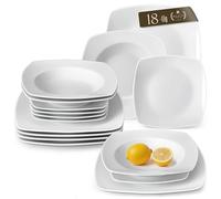 MALACASA 18-Piece Julia Square Dinner Sets for 6 People, Ivory White Porcelain Plates and Bowls Set with Dinner Plates/Dessert Plates/Soup Bowls, Dishwasher & Microwave Safe, Scratch Resistant