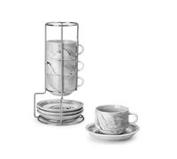 MALACASA 2.5 OZ Porcelain Espresso Cups with Saucers and Metal Stand Set of 4, Stackable Cappuccino Cups, Marble Gray Expresso Shots Cup Set for Coffee Drinks, Latte, Tea
