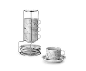 MALACASA 2.5 OZ Porcelain Espresso Cups with Saucers and Metal Stand Set of 4, Stackable Cappuccino Cups, Marble Gray Expresso Shots Cup Set for Coffee Drinks, Latte, Tea