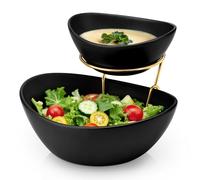 MALACASA 2 Tier Chip and Dip Serving Set with Metal Stand,Ceramic Appetizer Bowls for Party, Multi-Use Food Display for Fruits, Snacks, Black Elegant Tiered Serving Dishes for Party