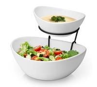 MALACASA 2 Tier Chip and Dip Serving Set with Metal Stand,Ceramic Appetizer Bowls for Party, Multi-Use Food Display for Fruits, Snacks,White Elegant Tiered Serving Dishes for Party