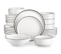 MALACASA 24 Piece Chip Resistant Porcelain Plates and Bowls Set with Black Rim, Microwave Dishwasher Safe, 6 Dinner/Dessert/Soup Plates, Bowls, Modern White Dinnerware, Luna Series