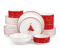 MALACASA 24-Piece Christmas Tree Plates and Bowls Set for 6, Ceramic Dinner Sets with Dinner Plates/Dessert Plates/Soup Bowls/Cereal Bowls, Holiday Crockery Set Dining Set Tableware for Entertaining