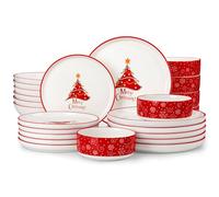 MALACASA 24-Piece Christmas Tree Plates and Bowls Set for 6, Ceramic Dinner Sets with Dinner Plates/Dessert Plates/Soup Bowls/Cereal Bowls, Holiday Crockery Set Dining Set Tableware for Entertaining