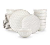 MALACASA 24 Piece Dinnerware Set, Embossed Ceramic Dish Sets Service for 8, Plates and Bowls Set, Durable Stoneware Tableware for Family Dinners, Dishwasher & Microwave Safe