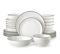 MALACASA 24-Piece Embossed Porcelain Dinner Set for 6, Includes Dinner Plates & Soup Bowls, Chip and Scratch Resistant, Microwave and Dishwasher Safe, Elegant White with Black Rim, Series Leila