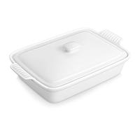 MALACASA 3.4 Quart Baking Dish with Lid, 3250ML Porcelain Casserole Dish with Lid, 13 x 9 Inch Deep Lasagna Pan, Rectangular Oven Dish with Handle, Microwave and Oven Safe, Ivory White, Series BAKE