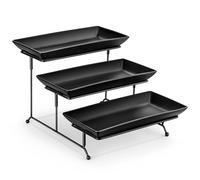 MALACASA 3 Tier Serving Platter, 12 Inch Porcelain Cake Stand with Black Mental Display Stand for Party Supplies, Ceramics Rectangular Serving Dishes for Dessert, Fruit, Cookies, Sushi, Black