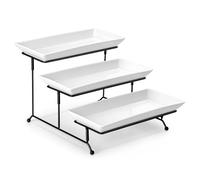 MALACASA 3 Tier Serving Platter, 12 Inch Porcelain Cake Stand with Black Mental Display Stand for Party Supplies, Ceramics Rectangular Serving Dishes for Dessert, Fruit, Cookies, Sushi, White