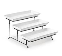 MALACASA 3 Tier Serving Platter, 14 Inch Porcelain Cake Stand with Black Mental Display Stand for Party Supplies, Ceramics Rectangular Serving Dishes for Dessert, Fruit, Cookies, Sushi, White