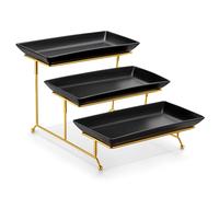 MALACASA 3 Tier Serving Trays for Party, 12 Inch Porcelain Black Trays for Serving Food, Dessert Stand with Collapsible Gold Metal Rack