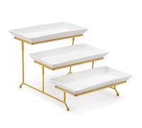 MALACASA 3 Tier Serving Trays for Party, 12 Inch Porcelain White Trays for Serving Food, Dessert Stand with Collapsible Gold Metal Rack