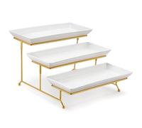MALACASA 3 Tier Serving Trays for Party, 14 Inch Porcelain White Trays for Serving Food, Dessert Stand with Collapsible Gold Metal Rack