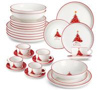 MALACASA 30-Piece Christmas Tree Dinner Set for 6 People, Complete Ceramic Crockery Set with Dinner Plates/Dessert Plates/Soup Bowls/Cup and Saucer Set, Dishes Set for Holiday Feasts/Family Meals