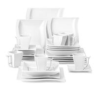 MALACASA 30-Piece Porcelain Square Dinner Sets for 6 People, Ivory White
