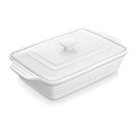MALACASA 4.4 Quart Casserole Dish with Lid, 4100ML Porcelain Baking Dish with Lid, 13 x 9 Lasagna Pan Deep with Lid, Rectangular Bakeware with Handle, Microwave and Oven Safe, Ivory White, Series BAKE