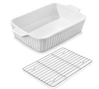 MALACASA 4.4QT Baking Dish with Roasting Rack, 9 * 15" White Ceramic Lasagne Dish, Rectangular, Deep with Handles, Oven, Microwave & Dishwasher Safe, Perfect for Lasagna, Roasts, Series BAKE-BAKE