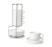 MALACASA 4 OZ Porcelain Espresso Cups with Saucers and Metal Stand Set of 4, Stackable Cappuccino Cups, White Expresso Shots Cup Set for Coffee Drinks, Latte, Tea