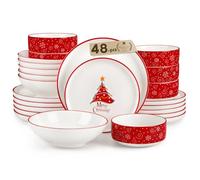 MALACASA 48-Piece Christmas Tree Plates and Bowls Set for 12, Ceramic Dinner Sets with Dinner Plates/Dessert Plates/Soup Bowls/Cereal Bowls, Holiday Crockery Set Dining Set Tableware for Entertaining