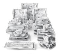 MALACASA 56-Piece Dinner Set, Marble Grey Porcelain, 12Pcs Dinner/Soup/Dessert Plates, 6Pcs Cups/Saucers/Bowls, 2 Serving Platters, Series Flora
