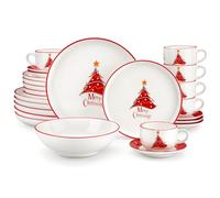 MALACASA 60-Piece Christmas Tree Dinner Sets for 12 People, Complete Ceramic Crockery Set with Dinner Plates/Dessert Plates/Soup Bowls/Cup and Saucer Set, Dishes Set for Holiday Feasts/Family Meals