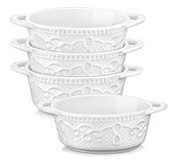 MALACASA, BAKE Series, 4 Pcs Round Oven Dishes, Small White Oven Dish, 15 x 11.5 x 4.5 cm 290 ml, Mini Porcelain Oven Plate Vine Design for 4 People