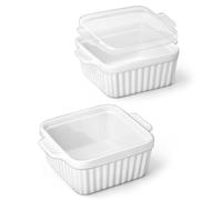 MALACASA Baking Dishes for Oven, Small Ceramic Baking Dishes with Silicone Lids for Individual Portions 5.5" x 5.5" Square Casserole Dishes Set of 2 Oven Microwave, and Air Fryer Safe, White