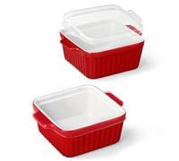 MALACASA Baking Dishes for Oven, Small Ceramic Baking Dishes with Silicone Lids for Individual Portions 5.5" x 5.5" Square Casserole Dishes Set of 2 Oven Microwave, and Air Fryer Safe, Red