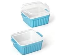 MALACASA Baking Dishes for Oven, Small Ceramic Baking Dishes with Silicone Lids for Individual Portions 5.5" x 5.5" Square Casserole Dishes Set of 2 Oven Microwave, and Air Fryer Safe, Blue