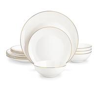 MALACASA Bone China Dinnerware Set, 12 Pieces Cream-White Plates and Bowls Sets with Gold Rim, Dinner, Dessert and Cereal Bowls, Series JERA