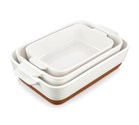 MALACASA Casserole Dishes for Oven, Ceramic Baking Dishes Set of 3, 1.45/2.7/3.8L Rectangular Baking Pan Set, Deep Lasagna Pan with Handles, Khaki White (14.5"/13"/10.5"), Series TARA