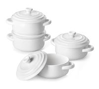 MALACASA Casserole Dishes for the Oven, 440ML 4.8" Small Porcelain Ramekins with Handle and Lid, White Mini Cocotte of 4, Ceramic Dutch Oven Set for Lasagna, Soufflé, Soup, Oven Proof Bakeware