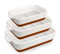 MALACASA Ceramic Baking Dish Set with Roasting Racks, 1.45/2.7/3.8L Deep Casserole Dishes for Oven, Rectangular Lasagne Dish with Handles, Set of 3, Khaki White (14.5"/13"/10.5"), Series Tara