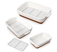 MALACASA Ceramic Baking Dish Set with Roasting Racks, 1.45/2.7/3.8L Deep Casserole Dishes for Oven, Rectangular Lasagne Dish with Handles, Set of 3, Khaki White (14.5"/13"/10.5"), Series Tara